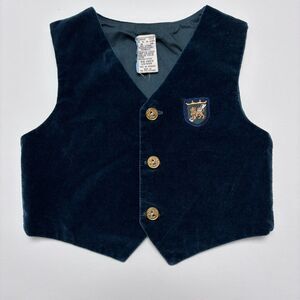 VTG Boys Vest Velvet Lion Embroidered Crest Gold Button 18 months Green Holiday